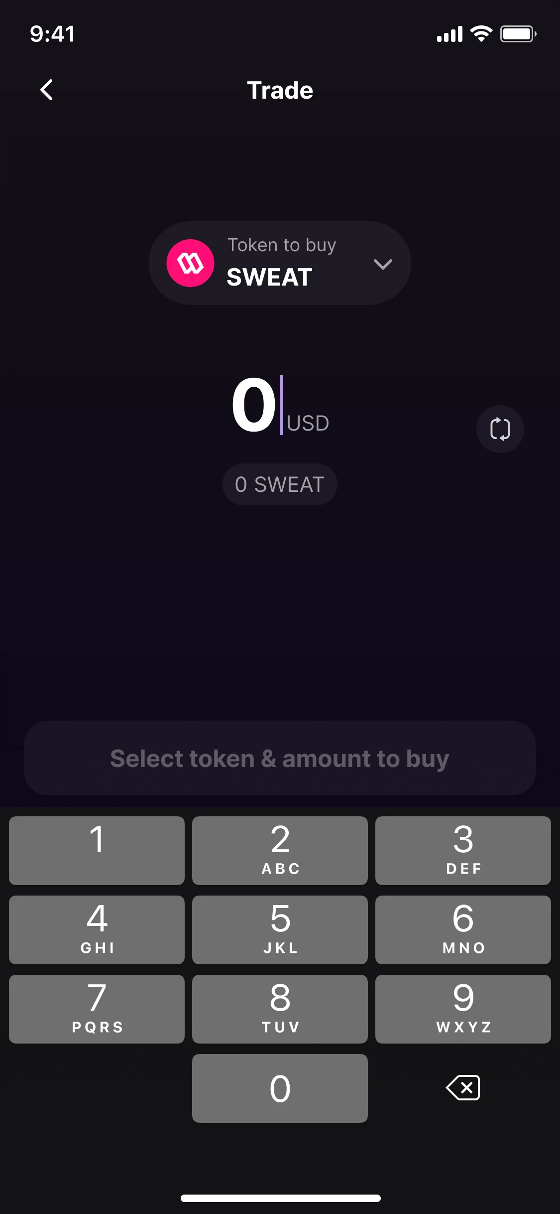 Trade: SWEAT as the token to buy, 0 USD, a button reading Select token & amount to buy, and a number pad
