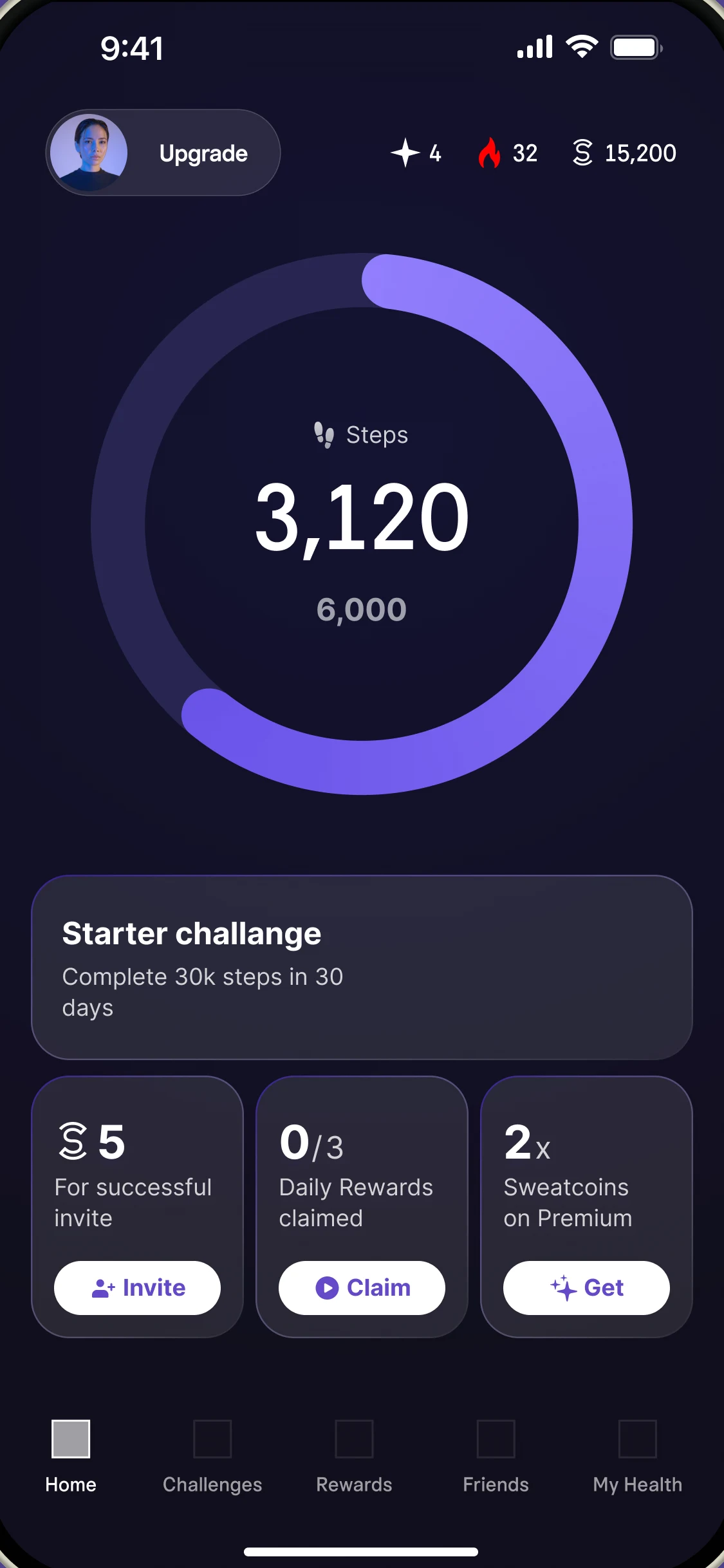 Home: a ring of steps, 3,120 of 6,000; a Starter challenge, complete 30k steps in 30 days; and cards to invite, claim the daily rewards and get twice the Sweatcoins on Premium