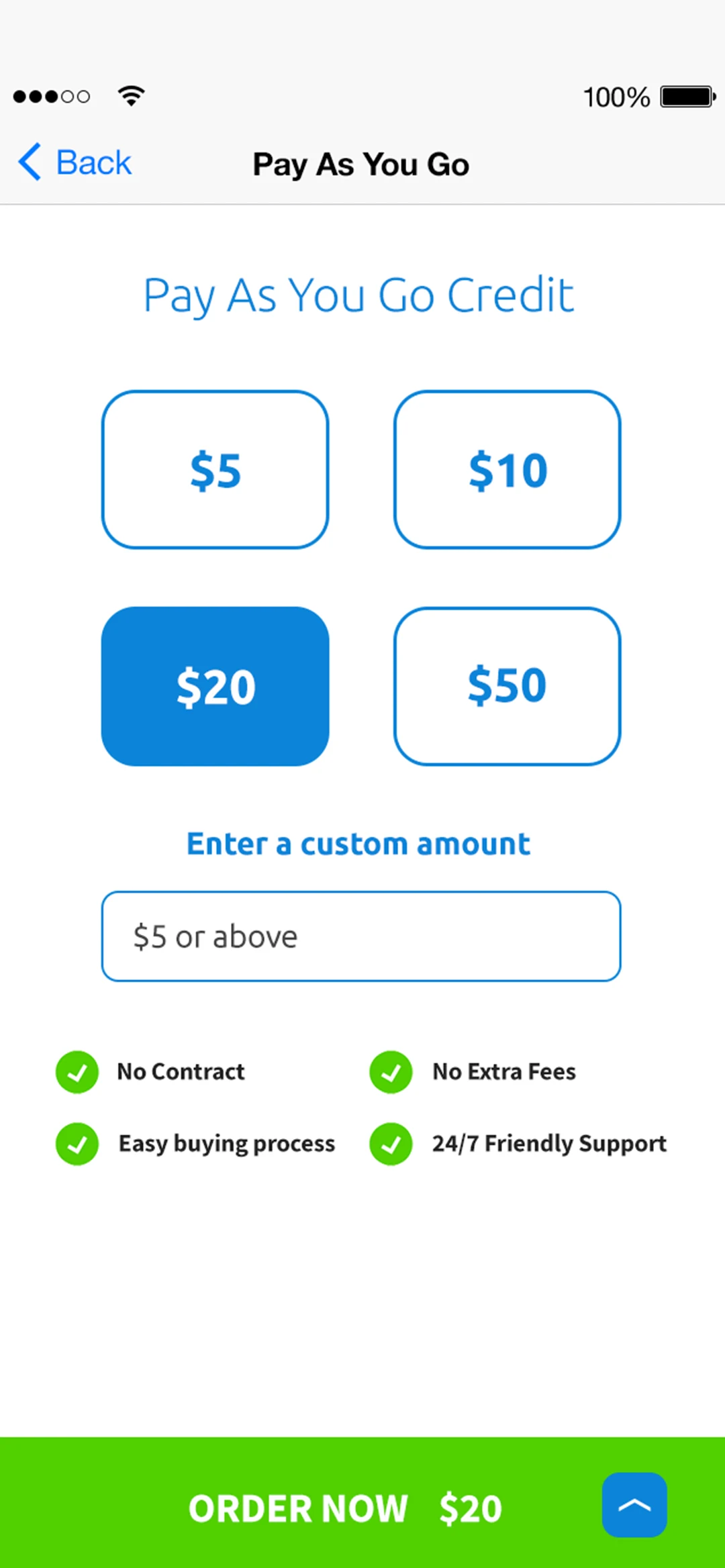 Pay As You Go Credit: $5, $10, $20 and $50, with $20 chosen, a field for a custom amount, and an Order now button